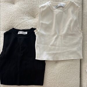 Zara Black and Cream Sleeveless Tops
